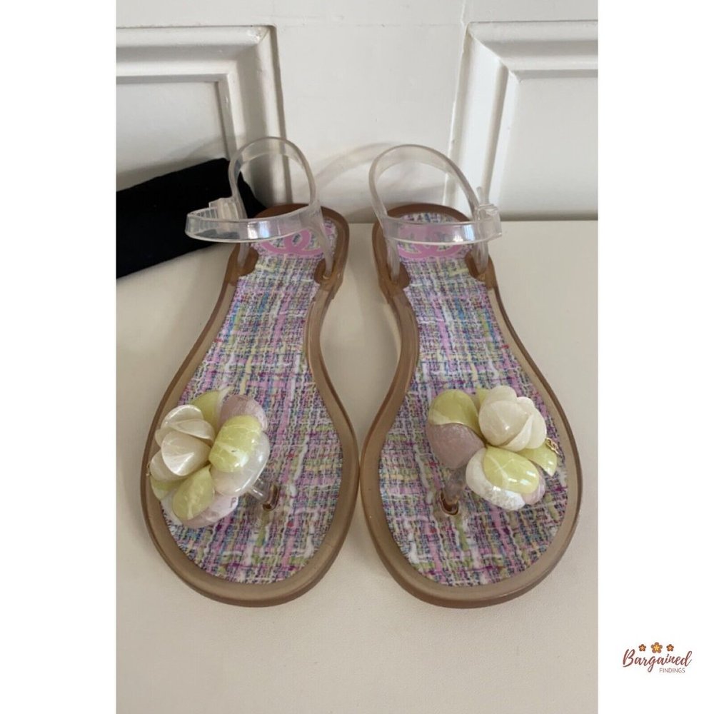 Authentic CHANEL Pink CC Clear Camelia Jelly Strap Flip Flops Flat Sandals 36/6 - Picture 5 of 14